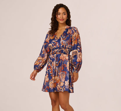 Long Sleeve Paisley Stripe Short Dress - Blue Multi | Adrianna Papell