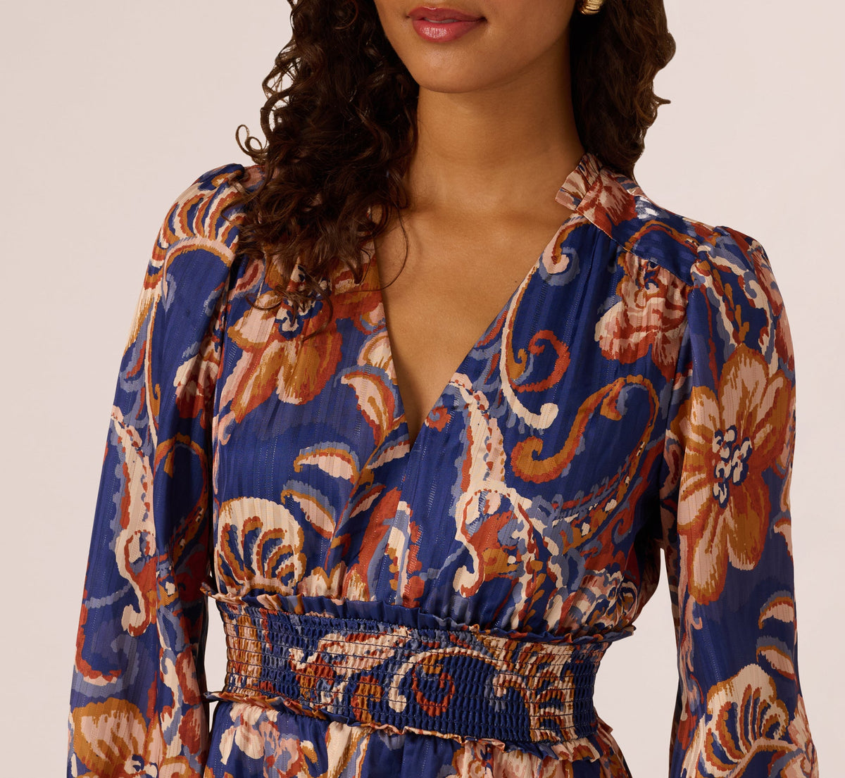 Long Sleeve Paisley Stripe Short Dress - Blue Multi | Adrianna Papell