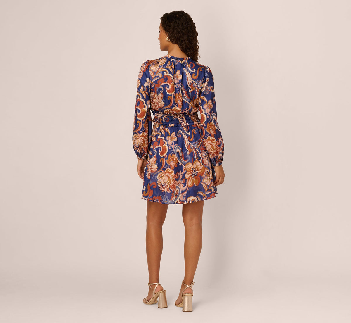 Long Sleeve Paisley Stripe Short Dress - Blue Multi | Adrianna Papell