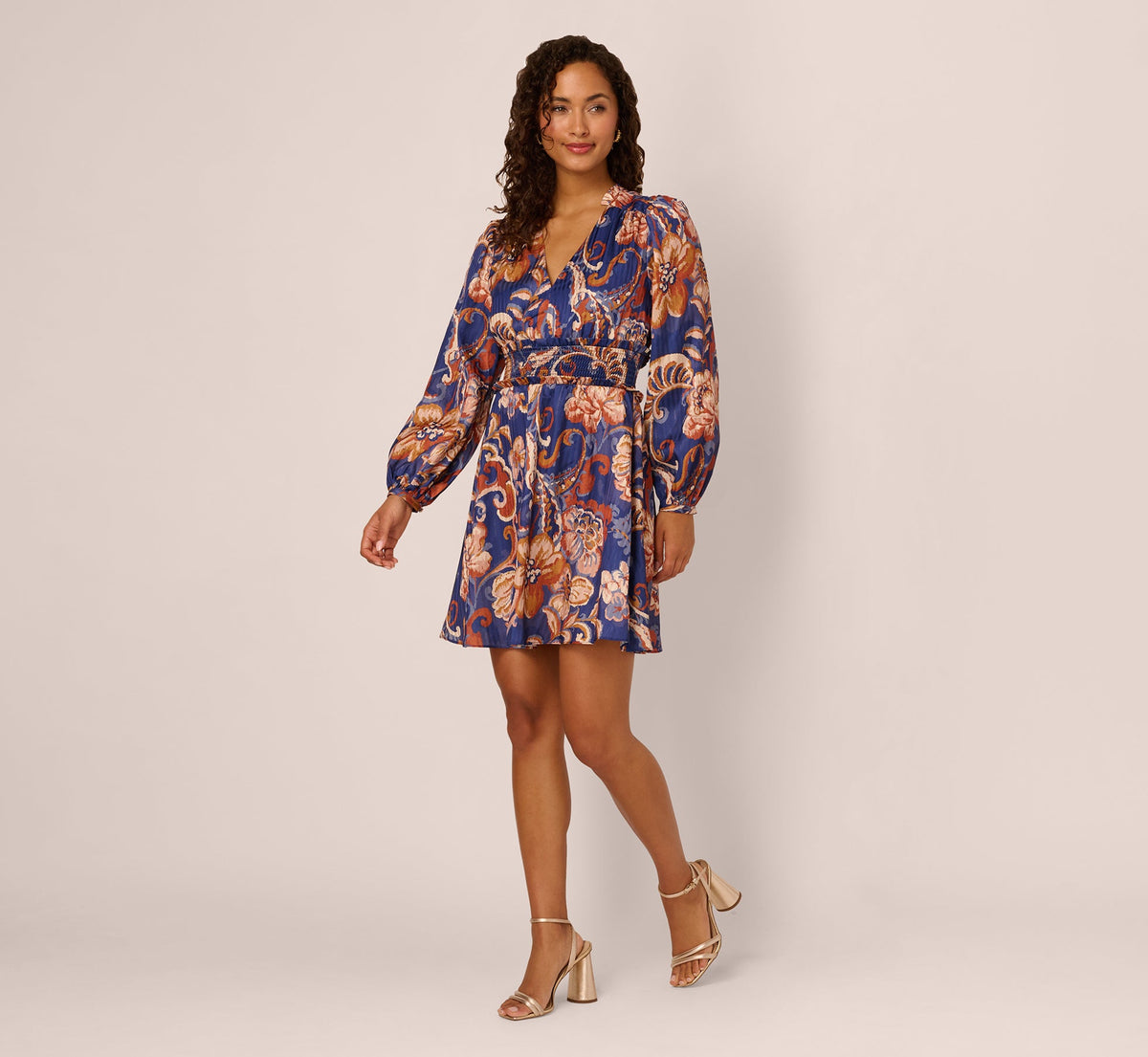 Long Sleeve Paisley Stripe Short Dress - Blue Multi | Adrianna Papell