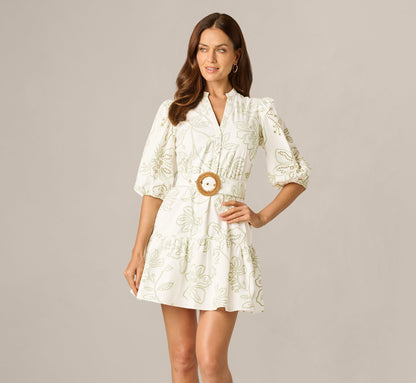 Cotton Floral Eyelet Belted Short Dress - Ivory Sage | Adrianna Papell