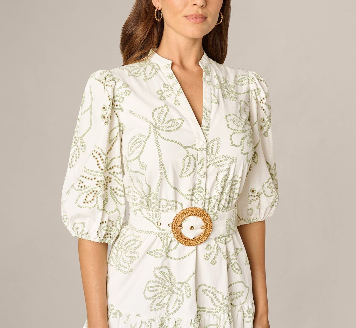 Cotton Floral Eyelet Belted Short Dress - Ivory Sage | Adrianna Papell
