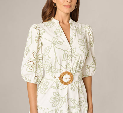 Cotton Floral Eyelet Belted Short Dress - Ivory Sage | Adrianna Papell