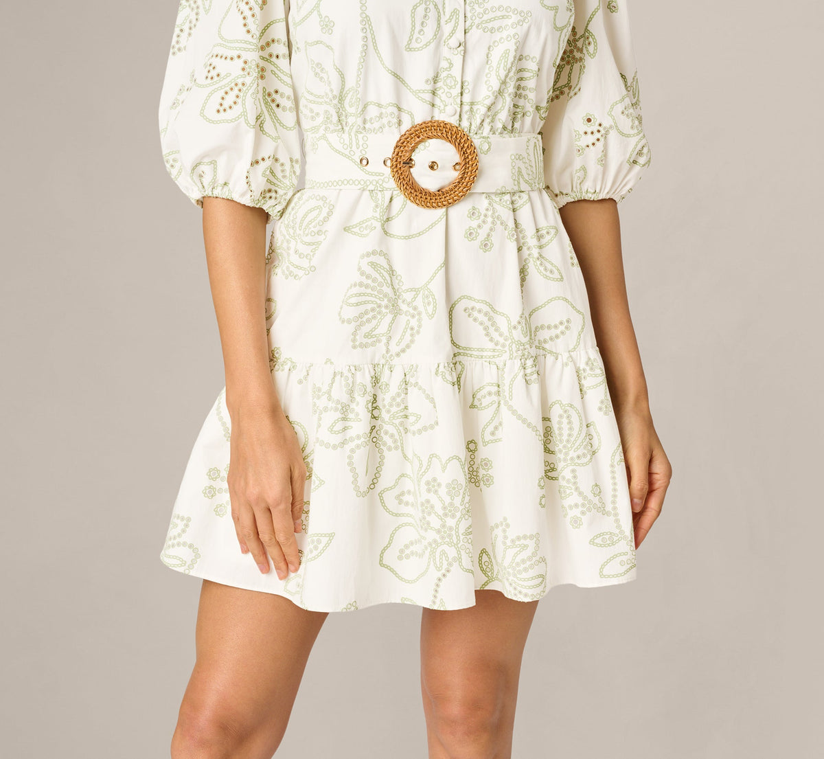 Cotton Floral Eyelet Belted Short Dress - Ivory Sage | Adrianna Papell