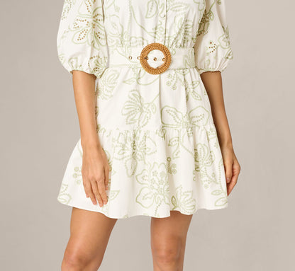 Cotton Floral Eyelet Belted Short Dress - Ivory Sage | Adrianna Papell