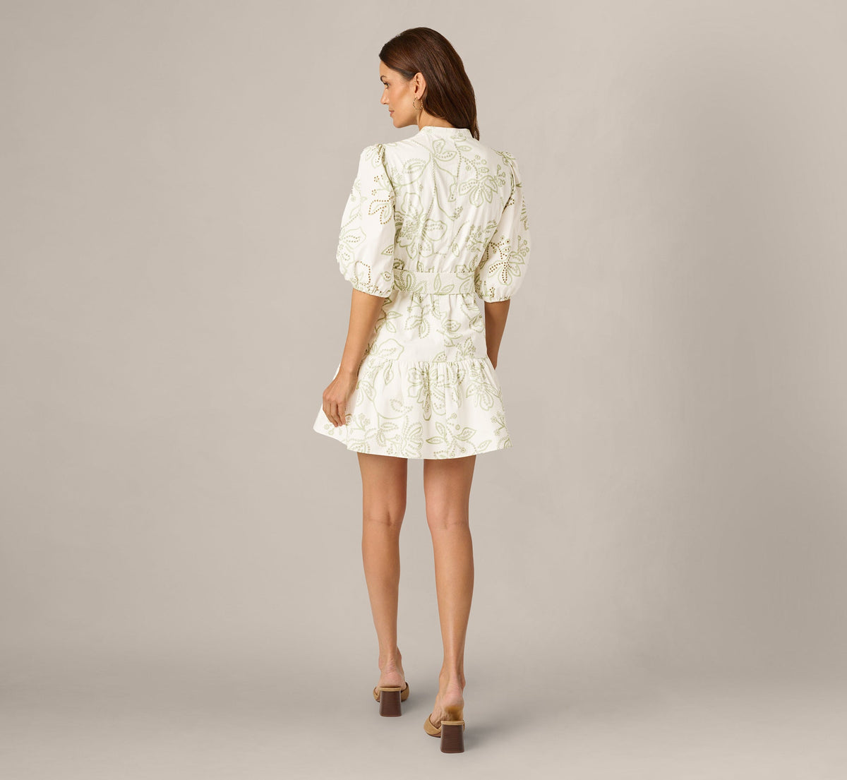Cotton Floral Eyelet Belted Short Dress - Ivory Sage | Adrianna Papell