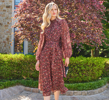 Long Sleeve Ditsy Floral Chiffon Midi Dress - Black Multi | Adrianna Papell