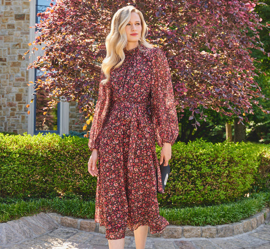 Long Sleeve Ditsy Floral Chiffon Midi Dress - Black Multi | Adrianna Papell