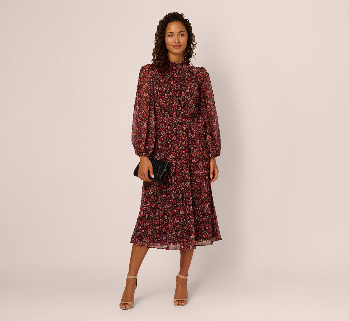Long Sleeve Ditsy Floral Chiffon Midi Dress - Black Multi | Adrianna Papell
