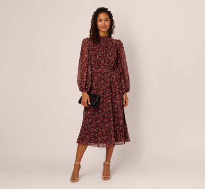 Long Sleeve Ditsy Floral Chiffon Midi Dress - Black Multi | Adrianna Papell