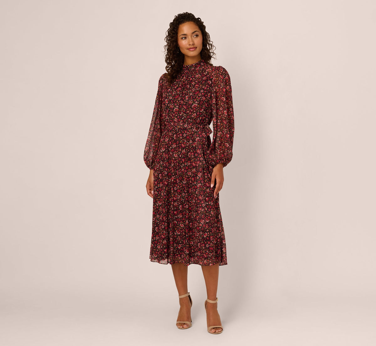 Long Sleeve Ditsy Floral Chiffon Midi Dress - Black Multi | Adrianna Papell