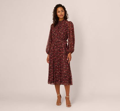 Long Sleeve Ditsy Floral Chiffon Midi Dress - Black Multi | Adrianna Papell