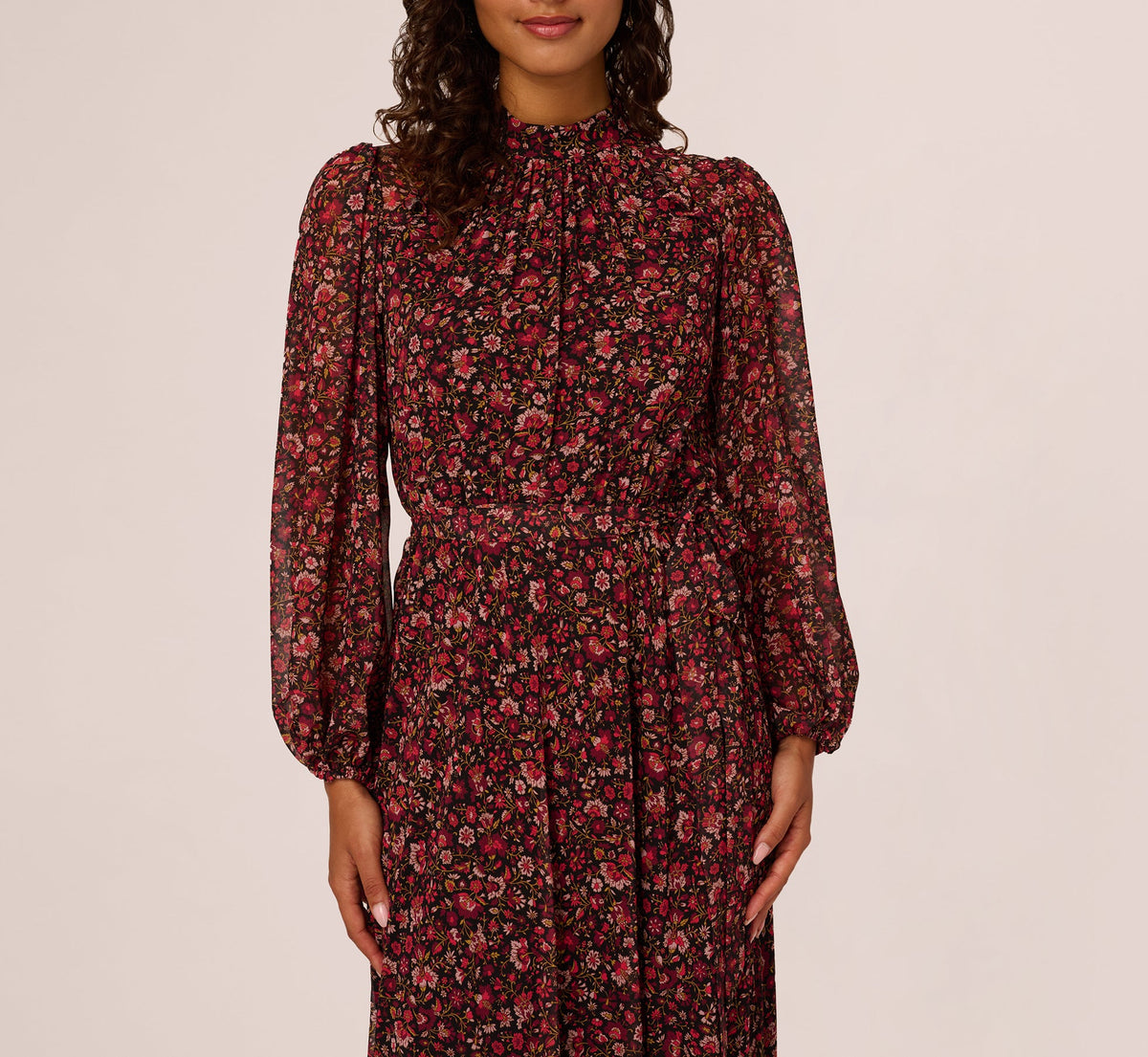 Long Sleeve Ditsy Floral Chiffon Midi Dress - Black Multi | Adrianna Papell