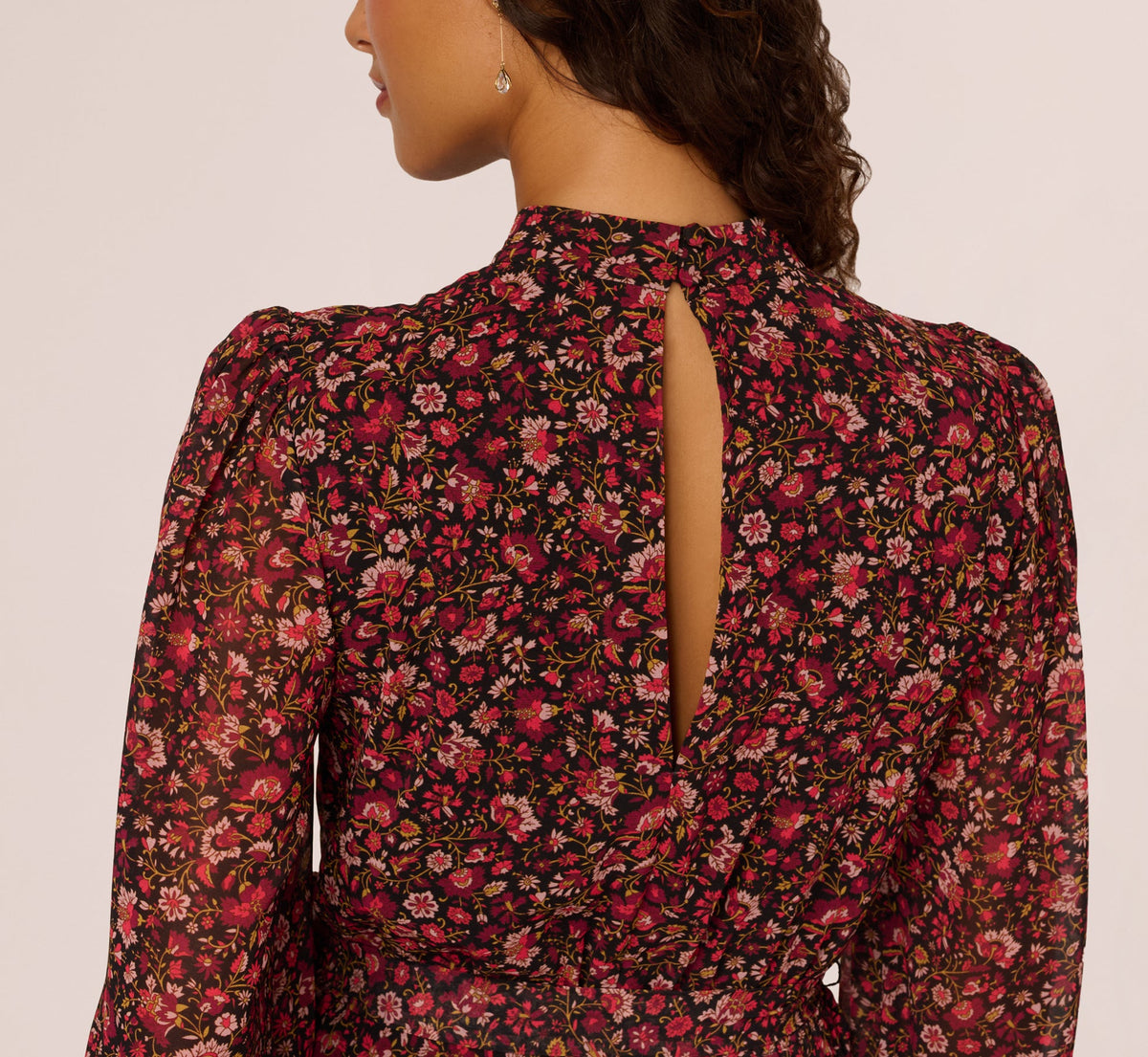 Long Sleeve Ditsy Floral Chiffon Midi Dress - Black Multi | Adrianna Papell