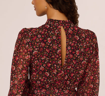 Long Sleeve Ditsy Floral Chiffon Midi Dress - Black Multi | Adrianna Papell