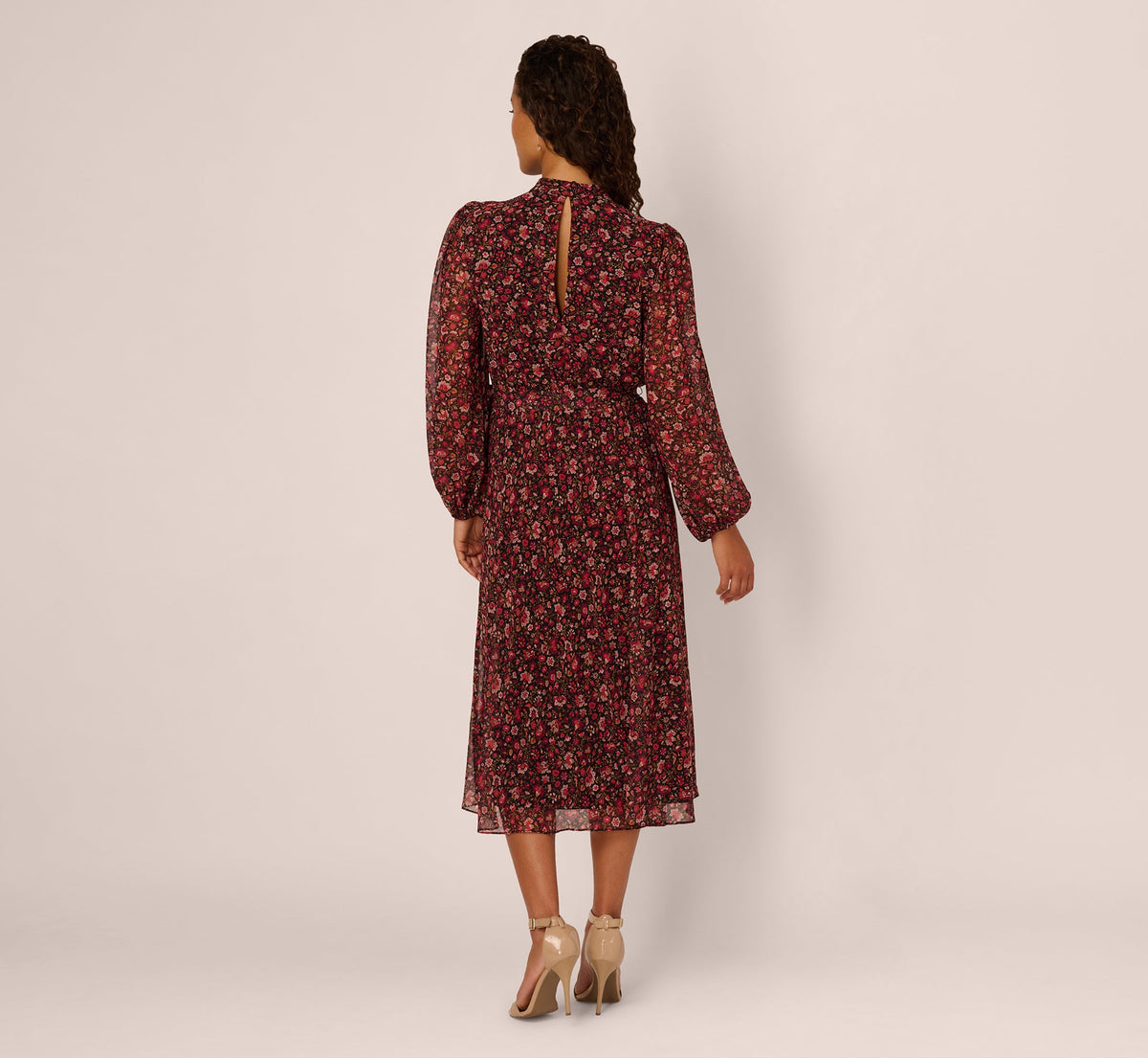 Long Sleeve Ditsy Floral Chiffon Midi Dress - Black Multi | Adrianna Papell