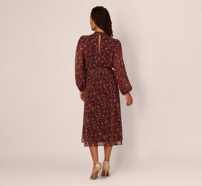 Long Sleeve Ditsy Floral Chiffon Midi Dress - Black Multi | Adrianna Papell