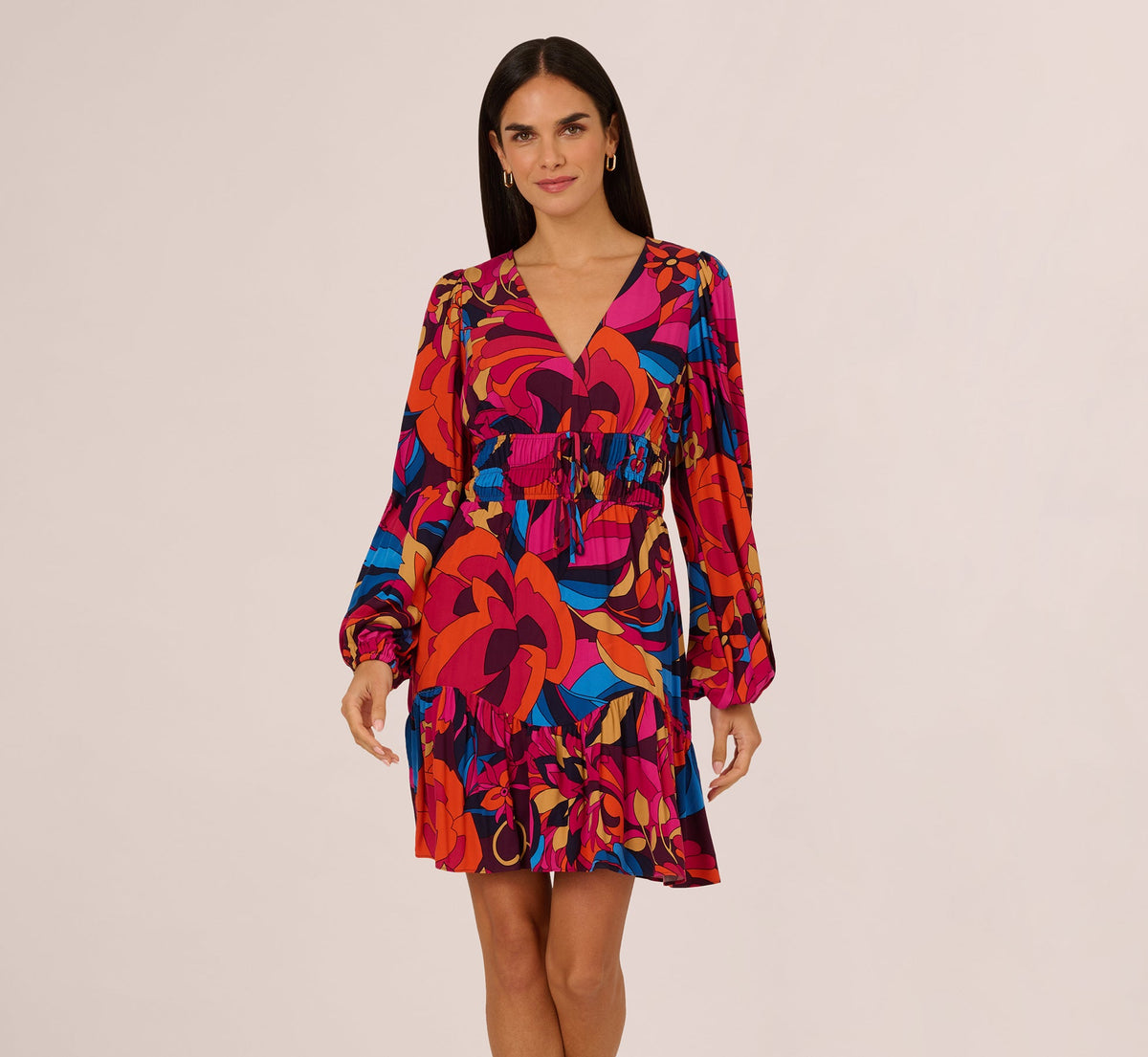 Retro Floral Print Shirred Dress With Long Bishop Sleeves - Berry Multi | Adrianna Papell