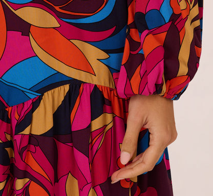 Retro Floral Print Shirred Dress With Long Bishop Sleeves - Berry Multi | Adrianna Papell