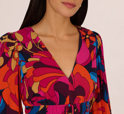 Retro Floral Print Shirred Dress With Long Bishop Sleeves - Berry Multi | Adrianna Papell