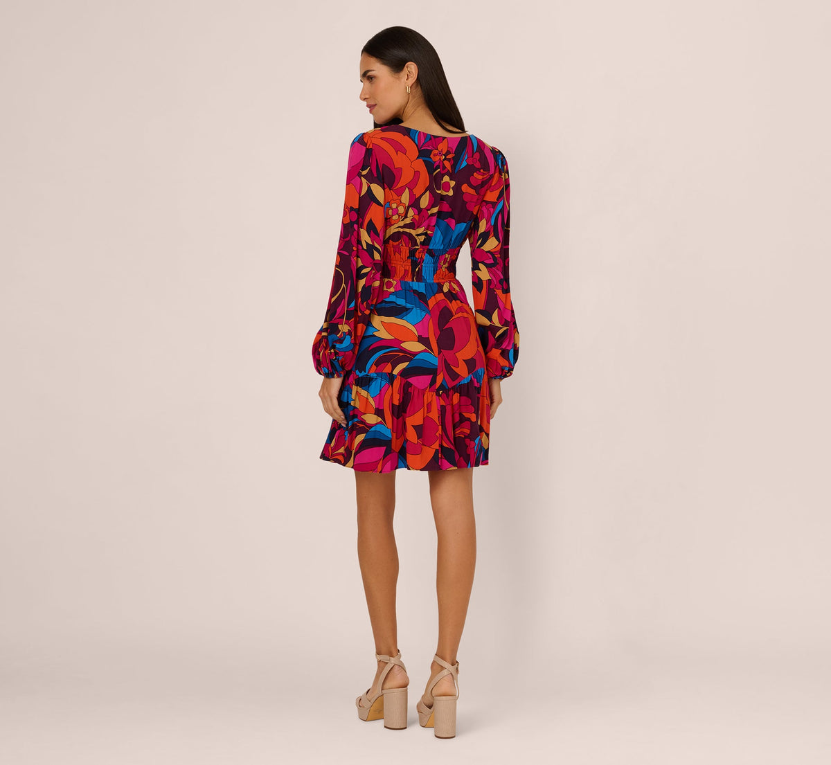 Retro Floral Print Shirred Dress With Long Bishop Sleeves - Berry Multi | Adrianna Papell