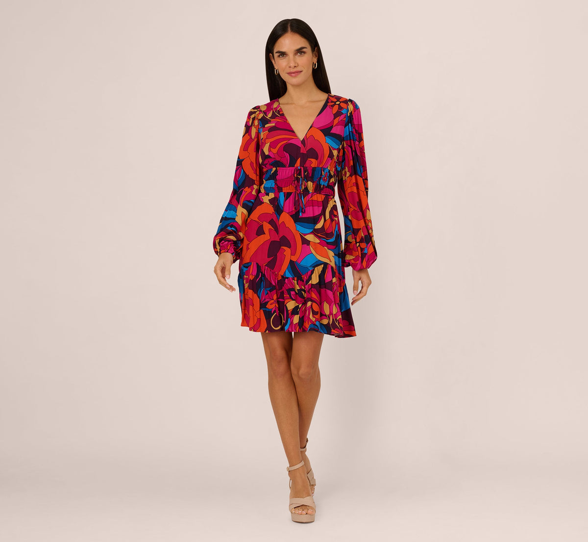 Retro Floral Print Shirred Dress With Long Bishop Sleeves - Berry Multi | Adrianna Papell
