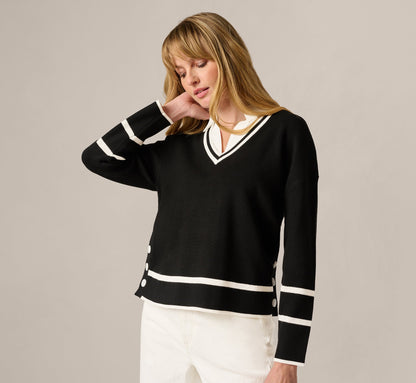 Long Sleeve Drop Shoulder Twofer Sweater - Black Ivory | Adrianna Papell