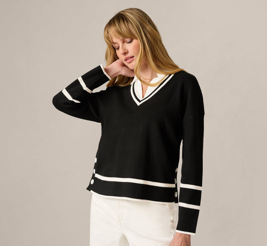 Long Sleeve Drop Shoulder Twofer Sweater - Black Ivory | Adrianna Papell