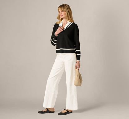 Long Sleeve Drop Shoulder Twofer Sweater - Black Ivory | Adrianna Papell