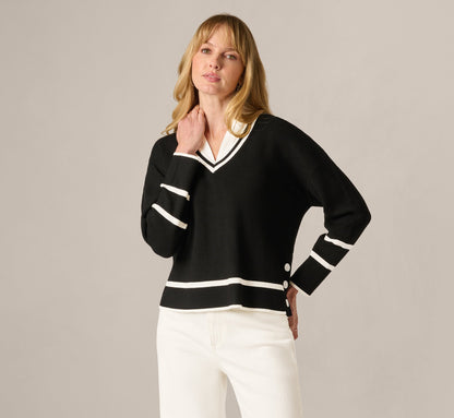 Long Sleeve Drop Shoulder Twofer Sweater - Black Ivory | Adrianna Papell