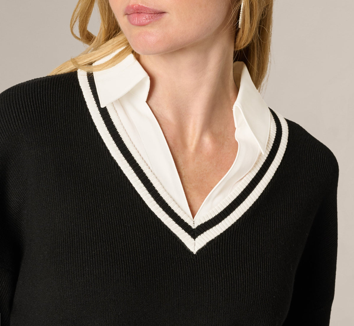Long Sleeve Drop Shoulder Twofer Sweater - Black Ivory | Adrianna Papell