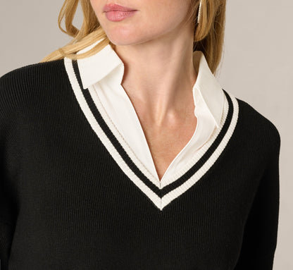 Long Sleeve Drop Shoulder Twofer Sweater - Black Ivory | Adrianna Papell