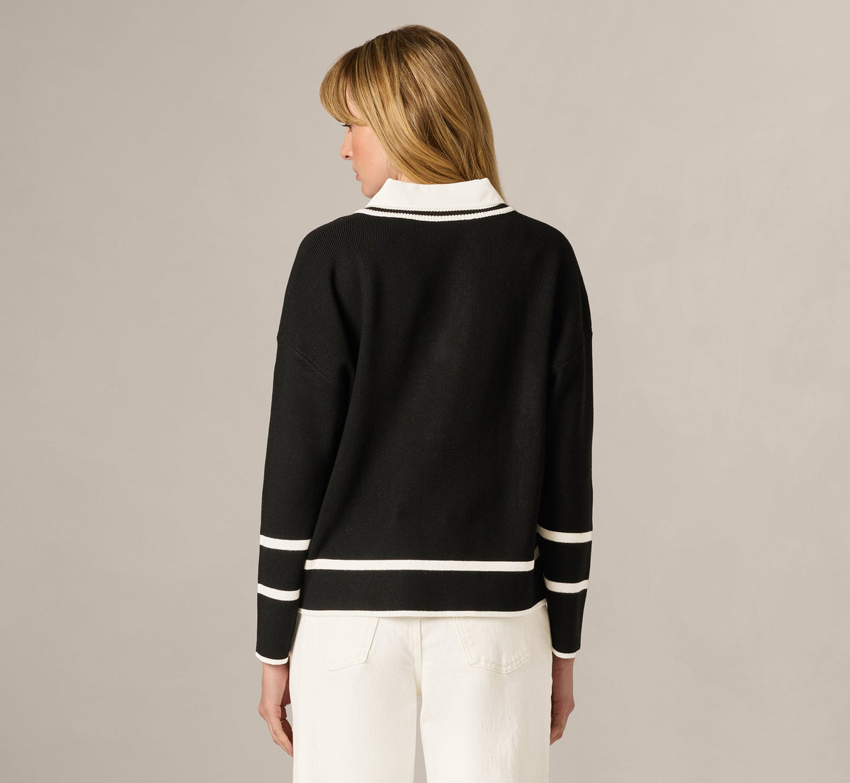Long Sleeve Drop Shoulder Twofer Sweater - Black Ivory | Adrianna Papell