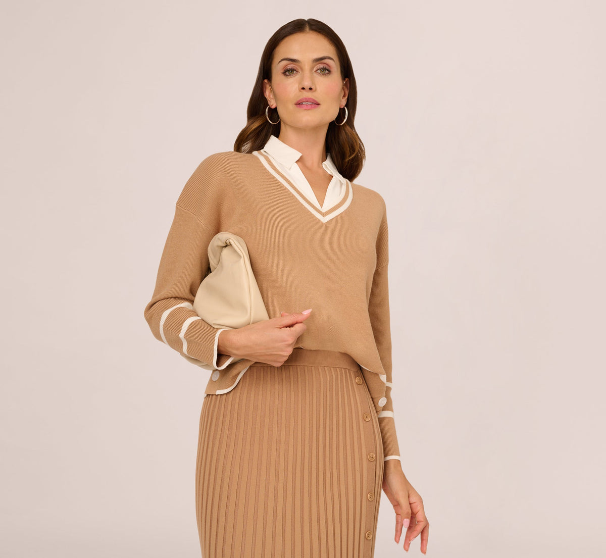 Long Sleeve Drop Shoulder Twofer Sweater - Golden Camel Ivory | Adrianna Papell
