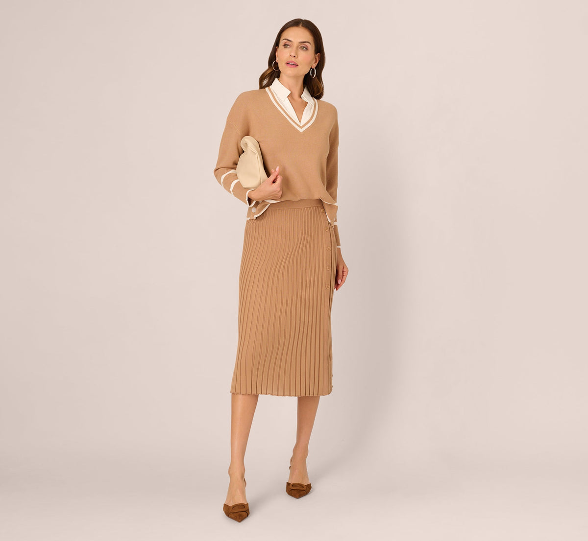 Long Sleeve Drop Shoulder Twofer Sweater - Golden Camel Ivory | Adrianna Papell