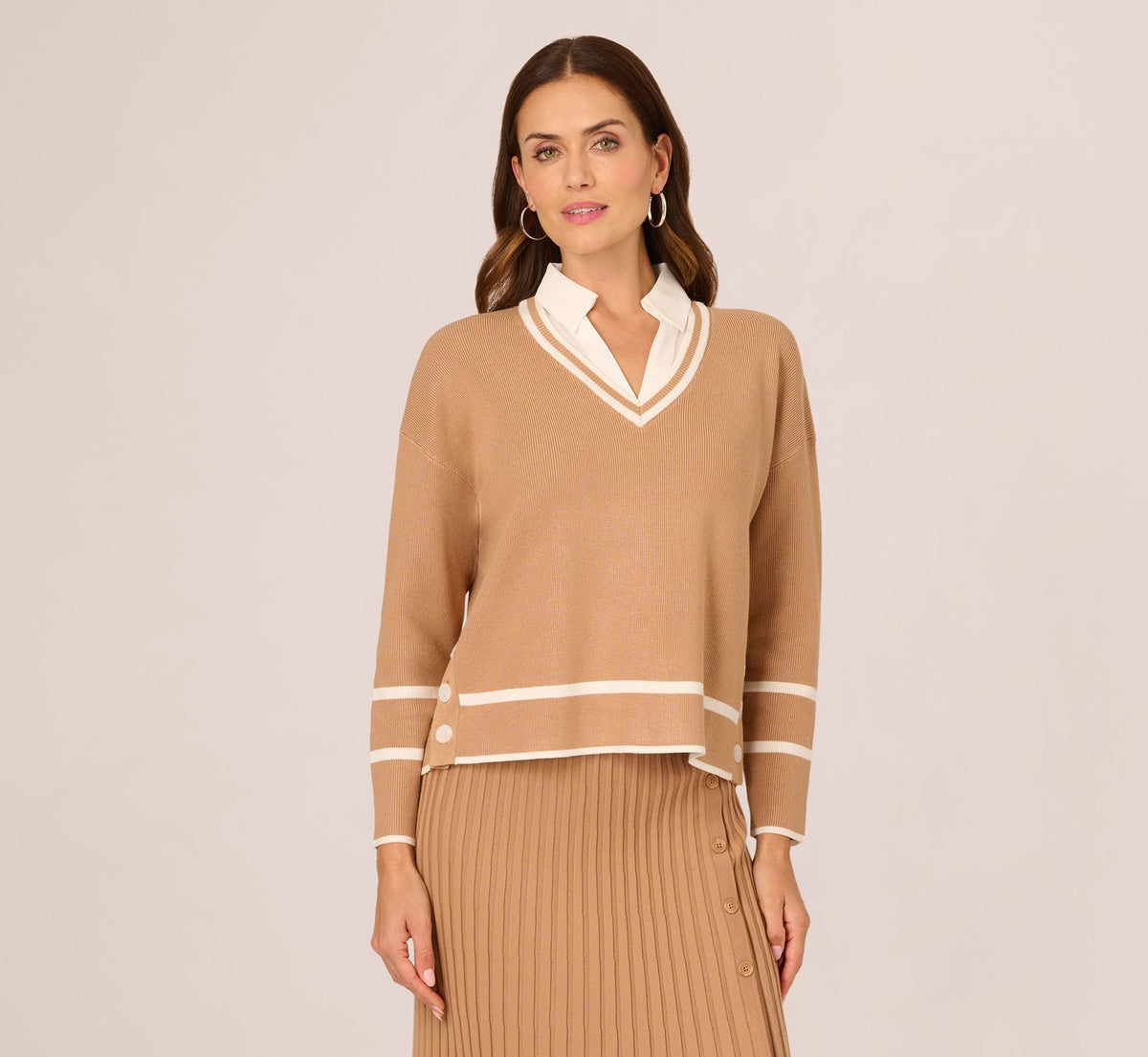 Long Sleeve Drop Shoulder Twofer Sweater - Golden Camel Ivory | Adrianna Papell
