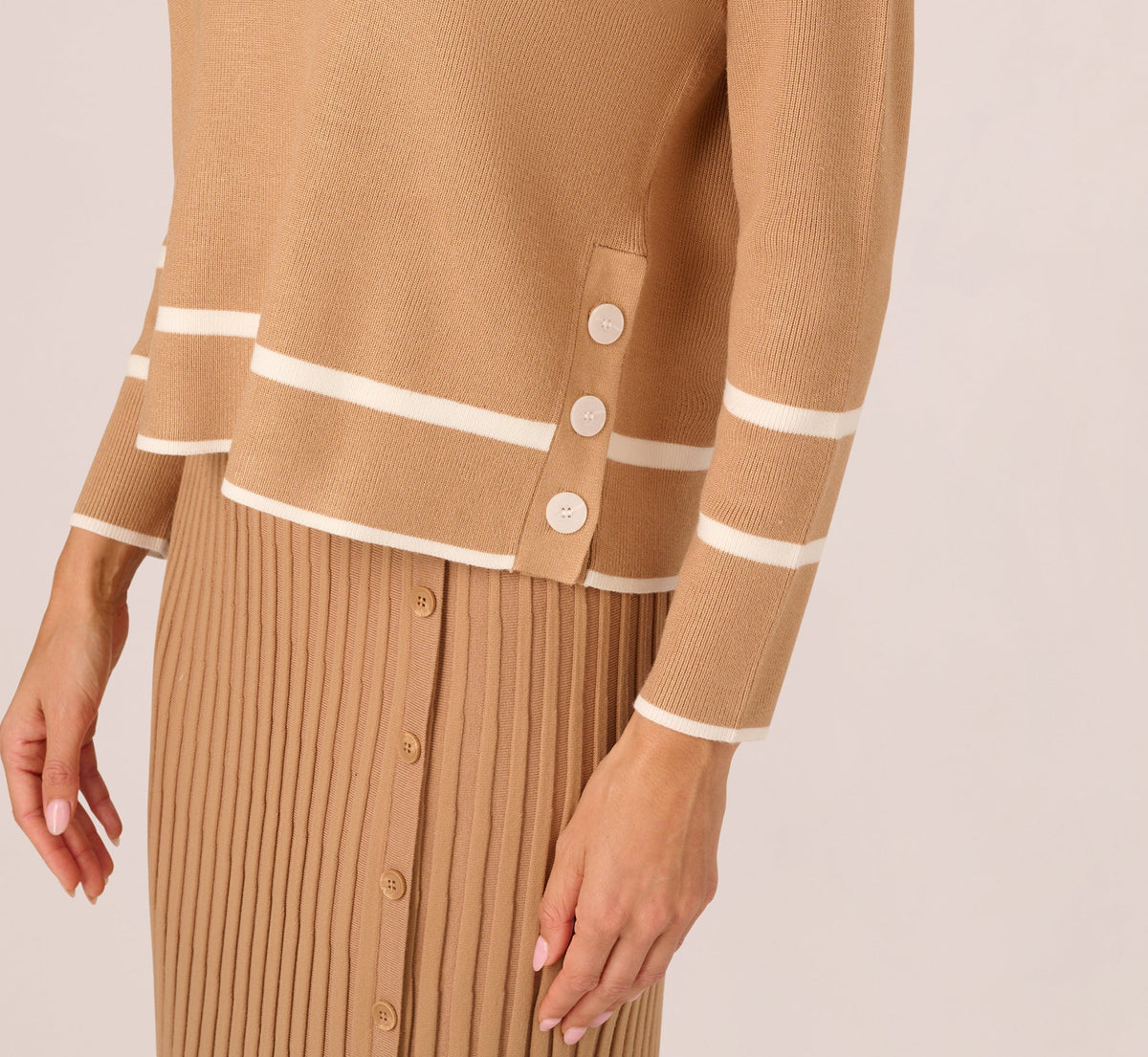 Long Sleeve Drop Shoulder Twofer Sweater - Golden Camel Ivory | Adrianna Papell