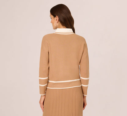 Long Sleeve Drop Shoulder Twofer Sweater - Golden Camel Ivory | Adrianna Papell