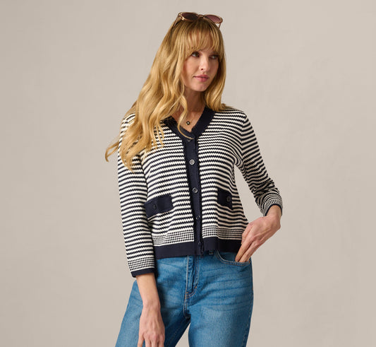Fringe Trim Cardigan Sweater - Navy Ivory | Adrianna Papell