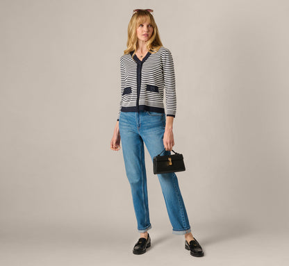 Fringe Trim Cardigan Sweater - Navy Ivory | Adrianna Papell
