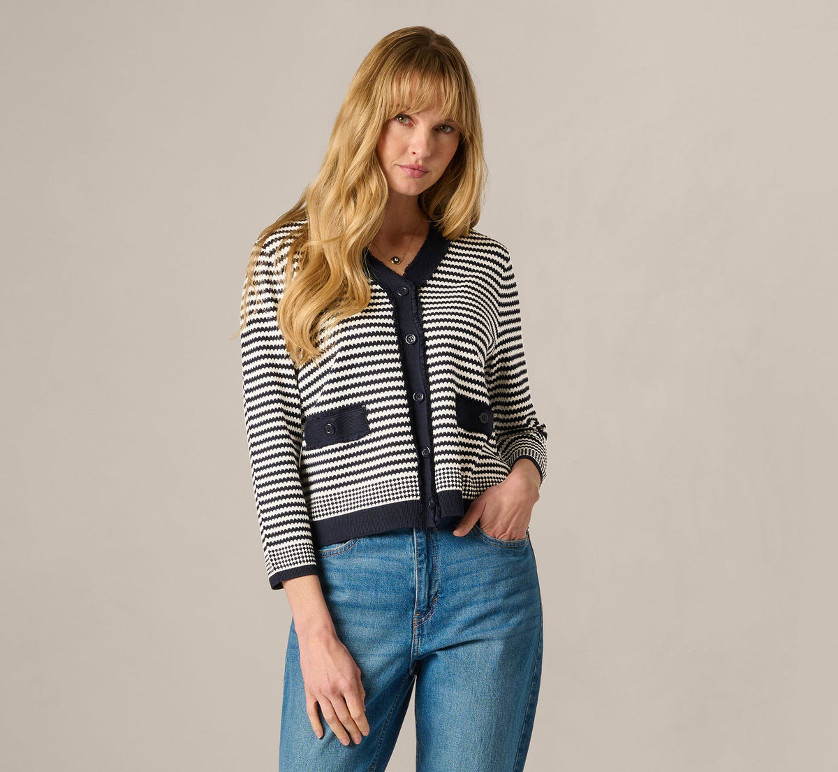 Fringe Trim Cardigan Sweater - Navy Ivory | Adrianna Papell