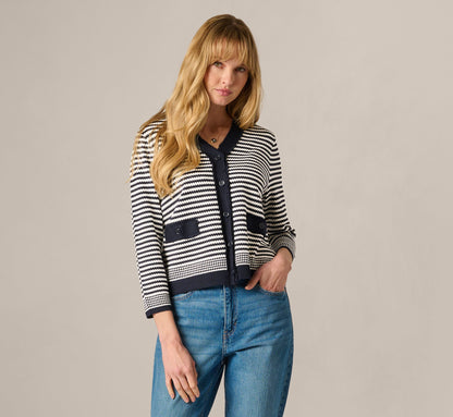 Fringe Trim Cardigan Sweater - Navy Ivory | Adrianna Papell