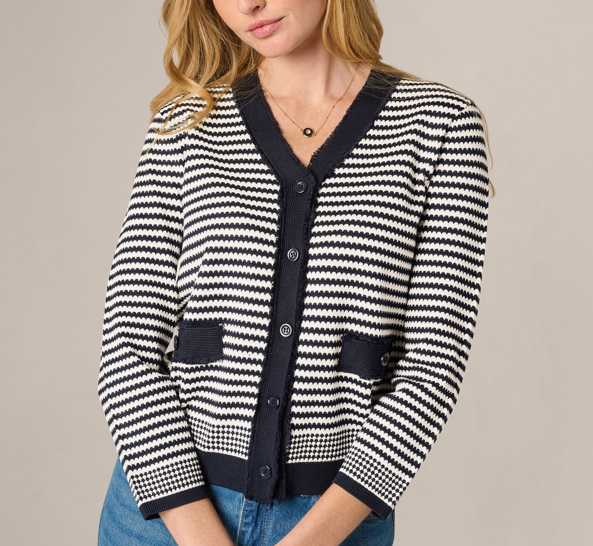 Fringe Trim Cardigan Sweater - Navy Ivory | Adrianna Papell
