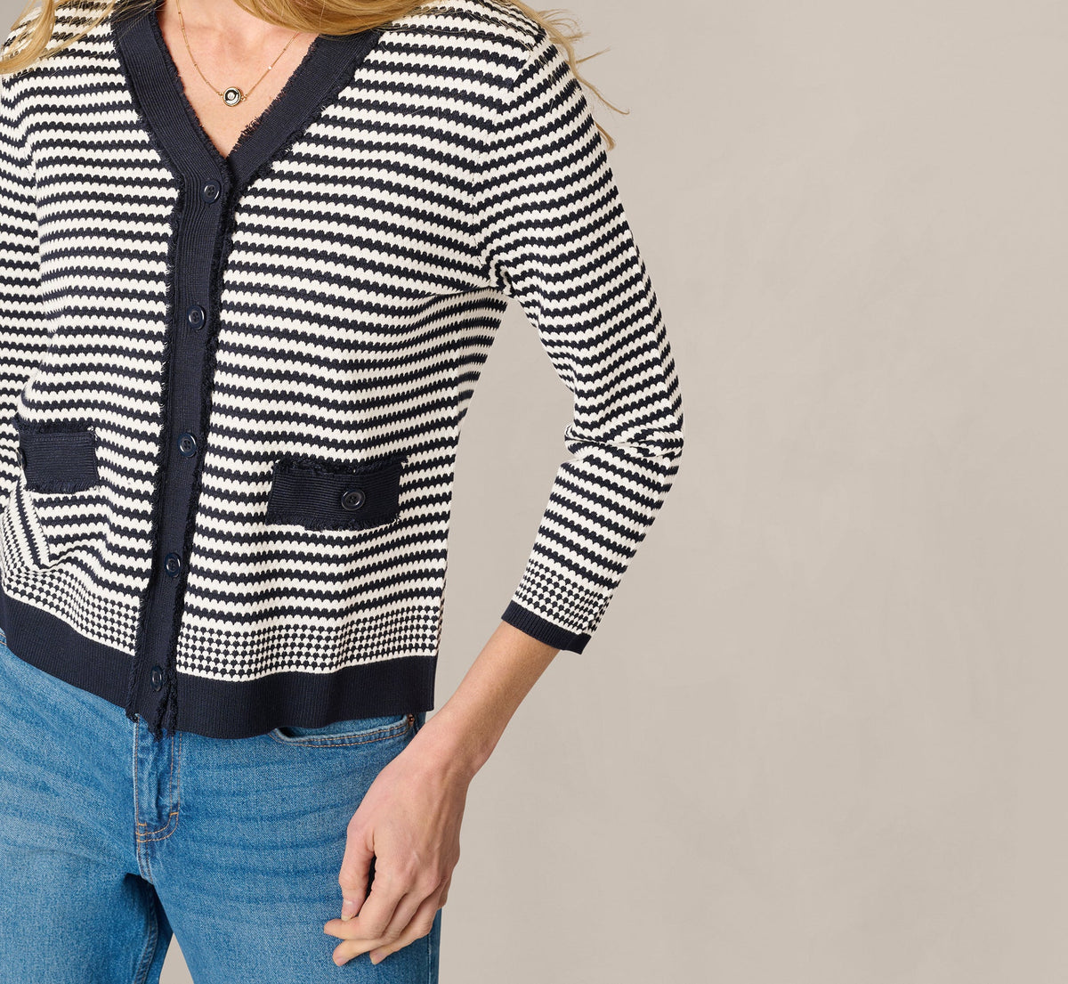 Fringe Trim Cardigan Sweater - Navy Ivory | Adrianna Papell