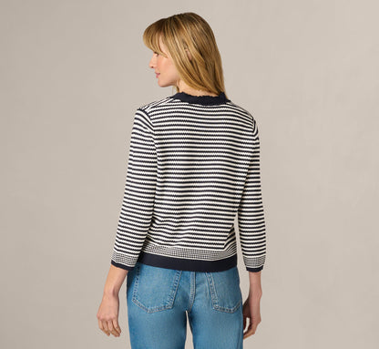 Fringe Trim Cardigan Sweater - Navy Ivory | Adrianna Papell
