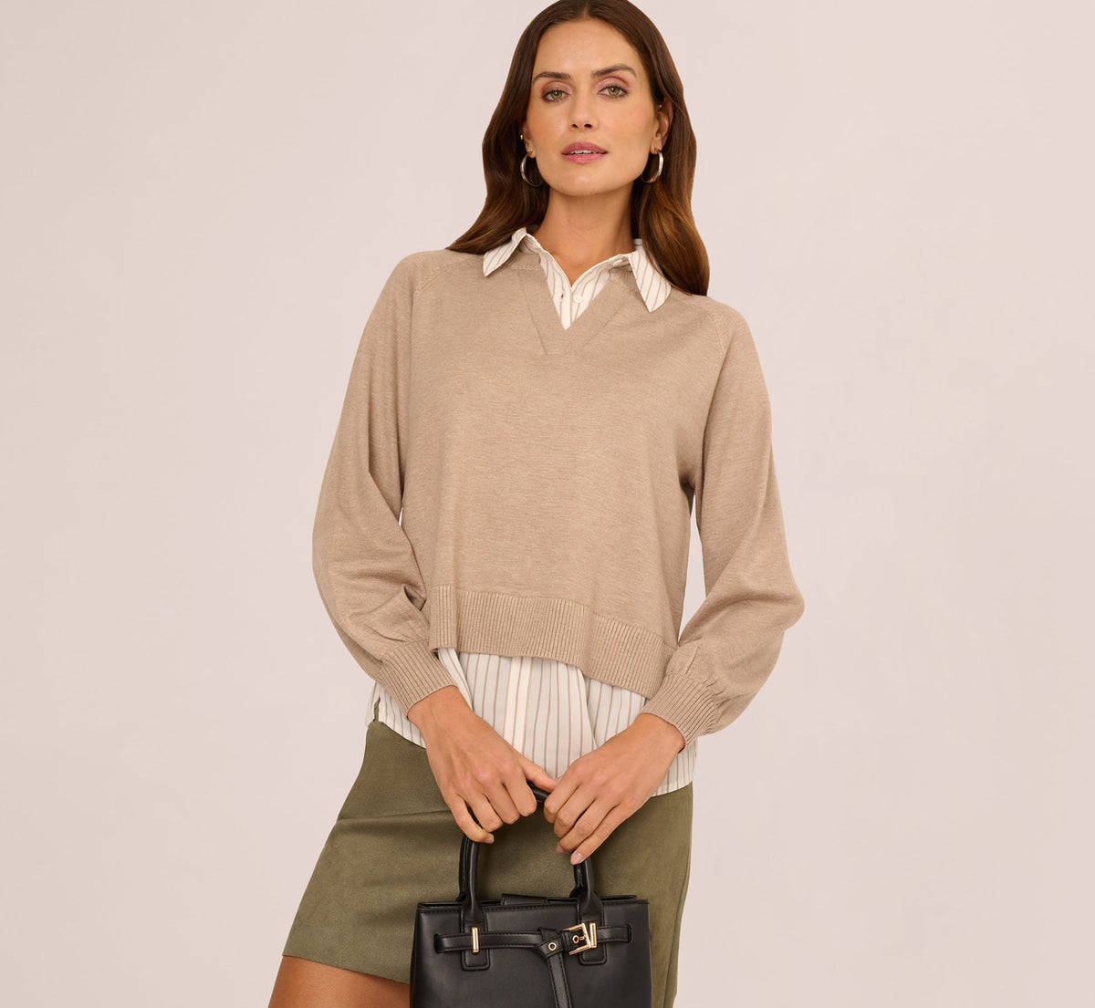 Long Sleeve Collared Printed Twover Sweater - H. Oatmeal W  Staple Stripe | Adrianna Papell