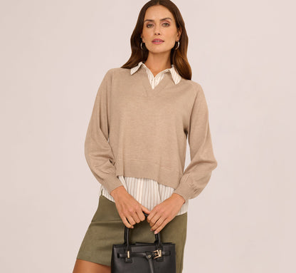 Long Sleeve Collared Printed Twover Sweater - H. Oatmeal W  Staple Stripe | Adrianna Papell