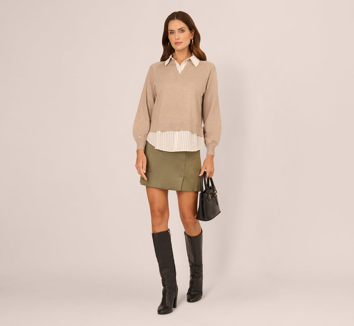 Long Sleeve Collared Printed Twover Sweater - H. Oatmeal W  Staple Stripe | Adrianna Papell