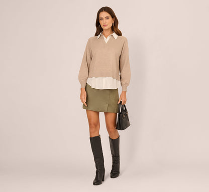 Long Sleeve Collared Printed Twover Sweater - H. Oatmeal W  Staple Stripe | Adrianna Papell