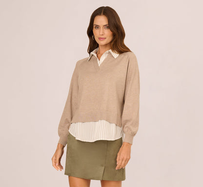 Long Sleeve Collared Printed Twover Sweater - H. Oatmeal W  Staple Stripe | Adrianna Papell